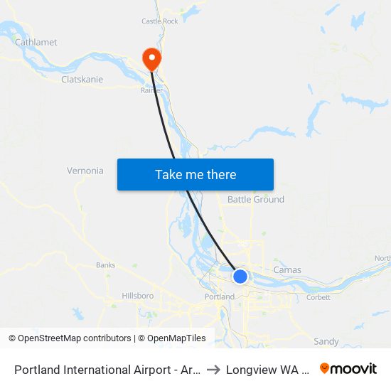 Portland International Airport - Arrivals to Longview WA USA map