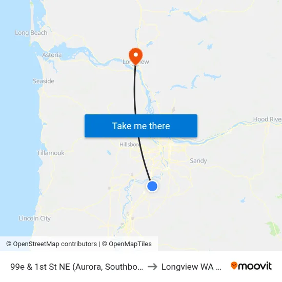 99e & 1st St NE (Aurora, Southbound) to Longview WA USA map
