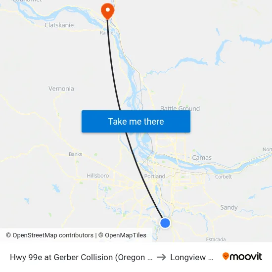 Hwy 99e at Gerber Collision (Oregon City, Northbound) to Longview WA USA map