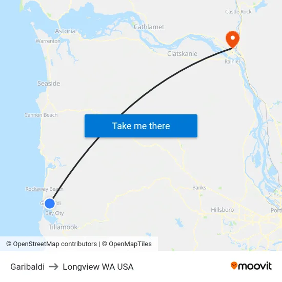 Garibaldi to Longview WA USA map
