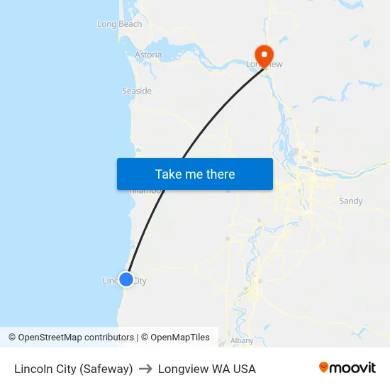 Lincoln City (Safeway) to Longview WA USA map