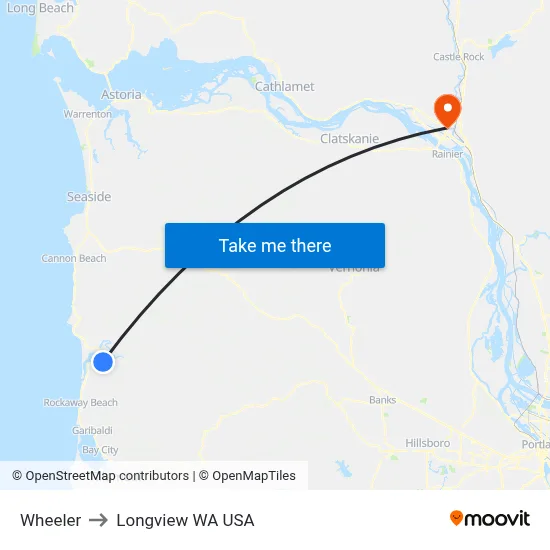 Wheeler to Longview WA USA map