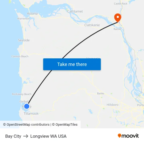 Bay City to Longview WA USA map