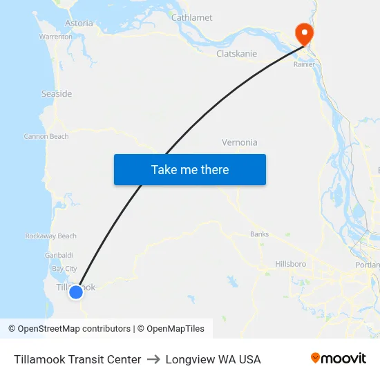Tillamook Transit Center to Longview WA USA map