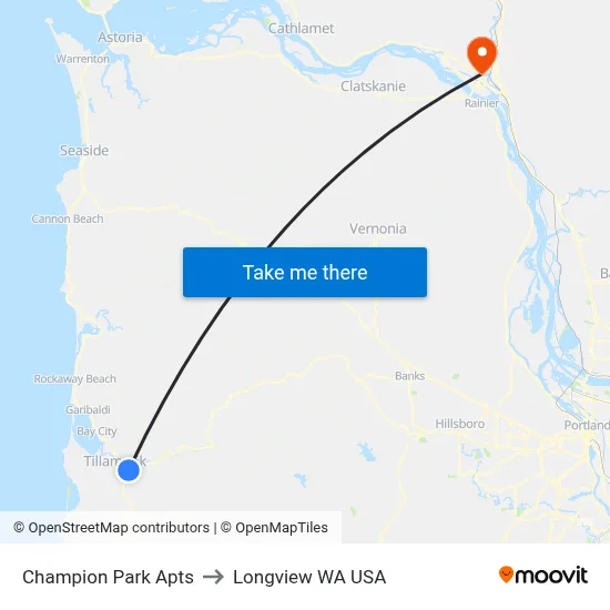 Champion Park Apts to Longview WA USA map