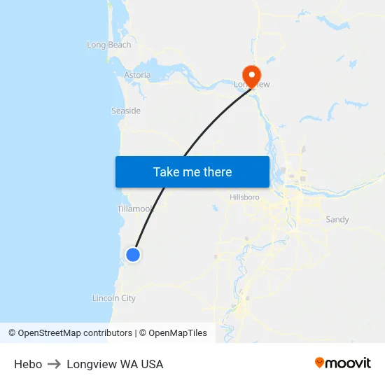 Hebo to Longview WA USA map