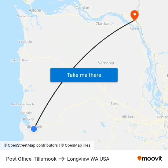 Post Office, Tillamook to Longview WA USA map