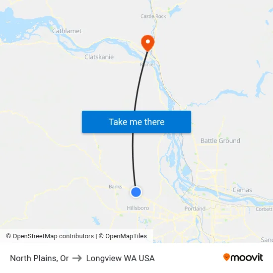 North Plains, Or to Longview WA USA map