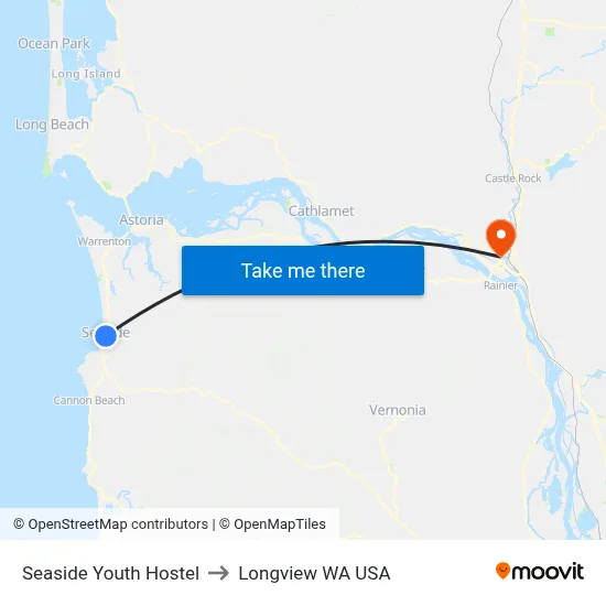 Seaside Youth Hostel to Longview WA USA map