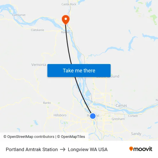 Portland Amtrak Station to Longview WA USA map