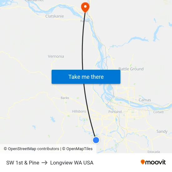SW 1st & Pine to Longview WA USA map