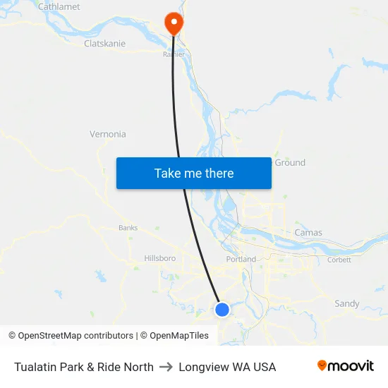 Tualatin Park & Ride North to Longview WA USA map