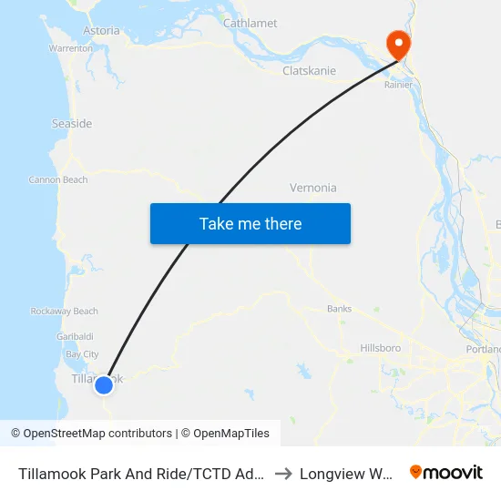 Tillamook Park And Ride/TCTD Admin Office to Longview WA USA map