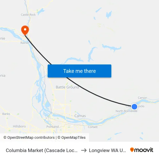 Columbia Market (Cascade Locks) to Longview WA USA map