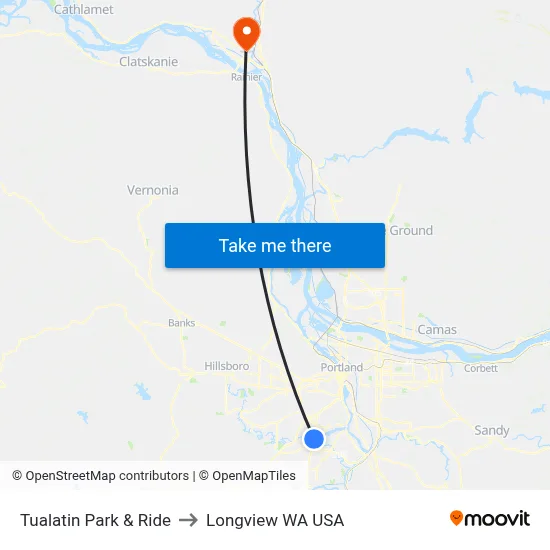 Tualatin Park & Ride to Longview WA USA map