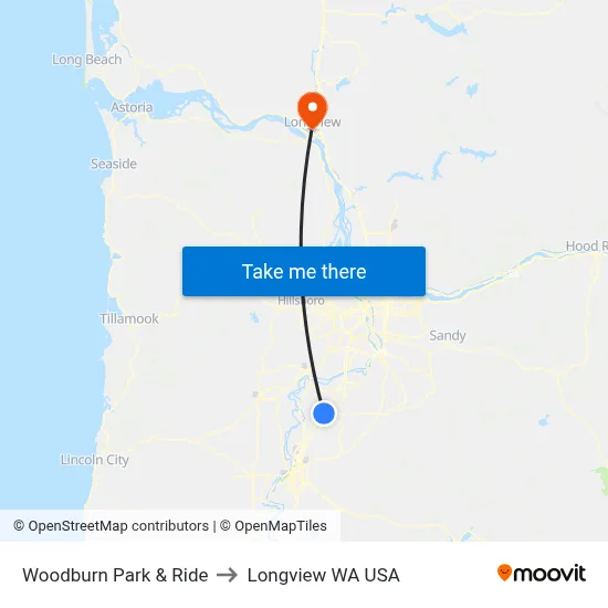 Woodburn Park & Ride to Longview WA USA map