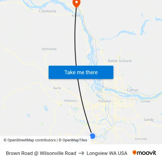 Brown Road @ Wilsonville Road to Longview WA USA map