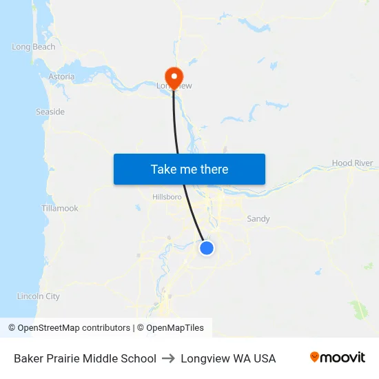 Baker Prairie Middle School to Longview WA USA map