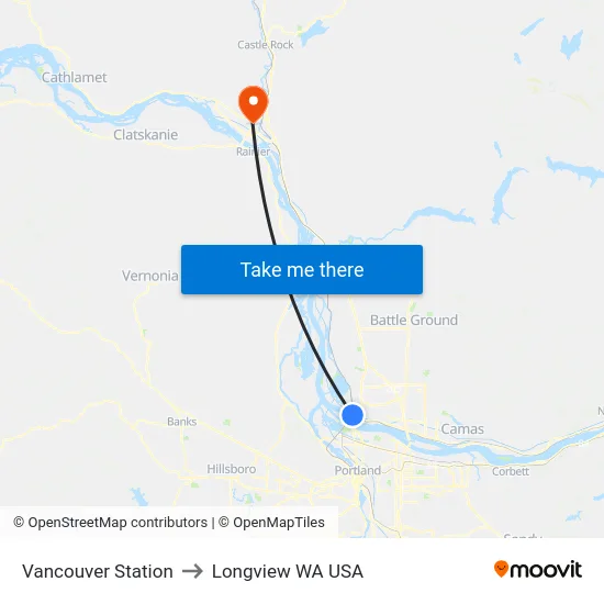 Vancouver Station to Longview WA USA map