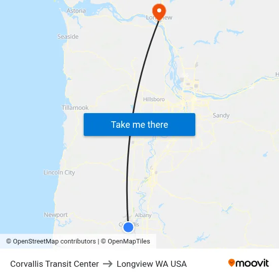Corvallis Transit Center to Longview WA USA map