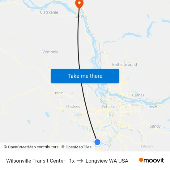Wilsonville Transit Center - 1x to Longview WA USA map