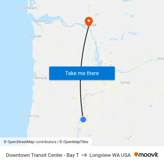 Downtown Transit Center - Bay T to Longview WA USA map