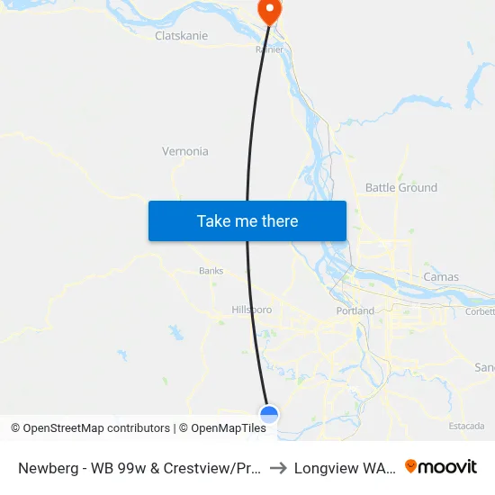Newberg - WB 99w & Crestview/Providence to Longview WA USA map