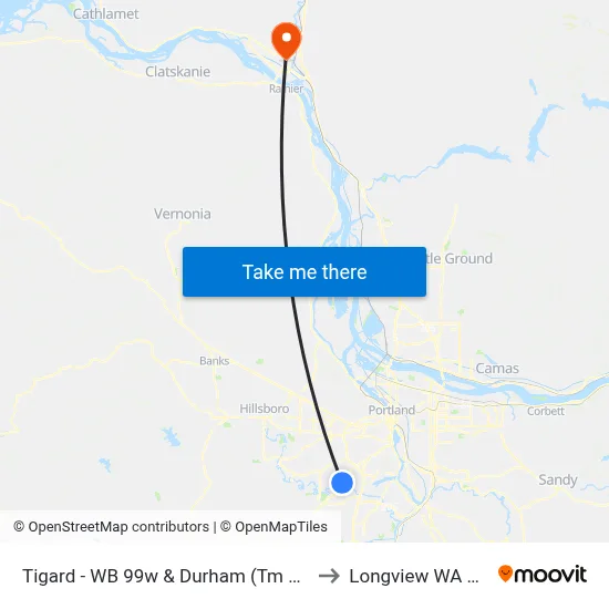 Tigard - WB 99w & Durham (Tm 8644) to Longview WA USA map