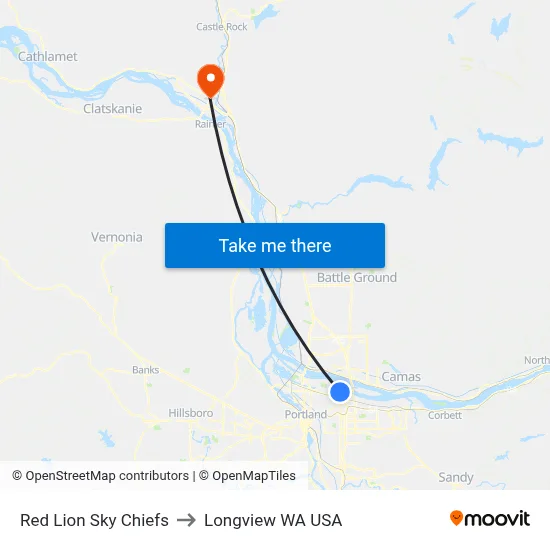 Red Lion Sky Chiefs to Longview WA USA map