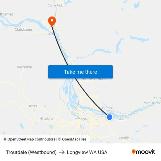 Troutdale (Westbound) to Longview WA USA map