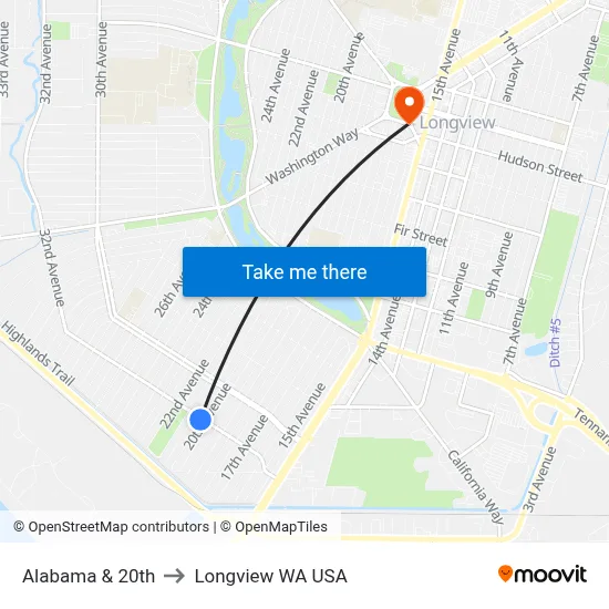Alabama & 20th to Longview WA USA map