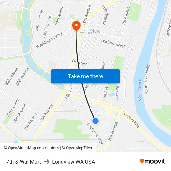 7th  & Wal-Mart to Longview WA USA map