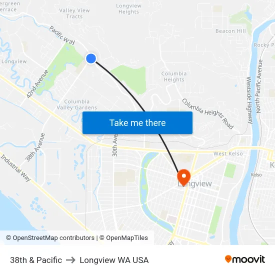 38th & Pacific to Longview WA USA map