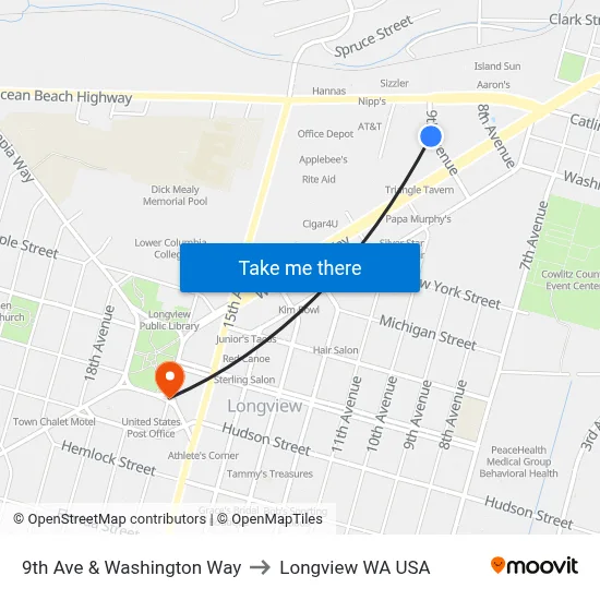 9th Ave & Washington Way to Longview WA USA map