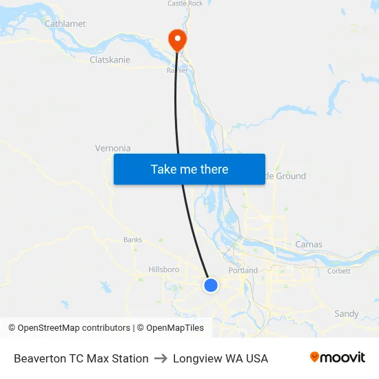 Beaverton TC Max Station to Longview WA USA map
