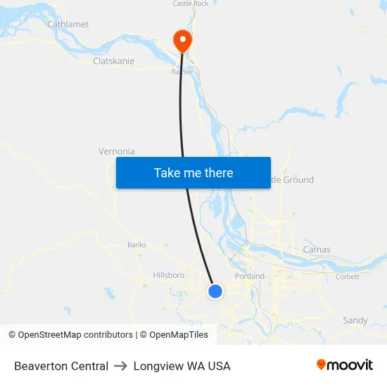 Beaverton Central to Longview WA USA map
