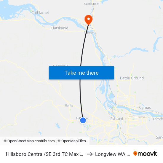 Hillsboro Central/SE 3rd TC Max Station to Longview WA USA map