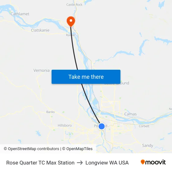 Rose Quarter TC Max Station to Longview WA USA map