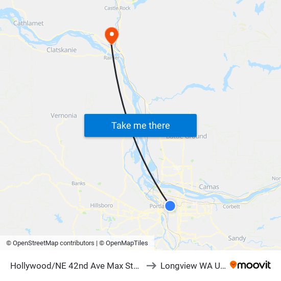 Hollywood/NE 42nd Ave TC Max Station to Longview WA USA map