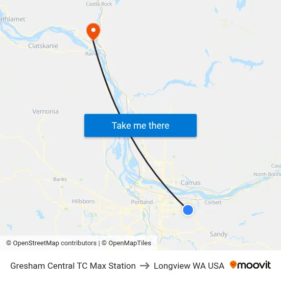 Gresham Central TC Max Station to Longview WA USA map