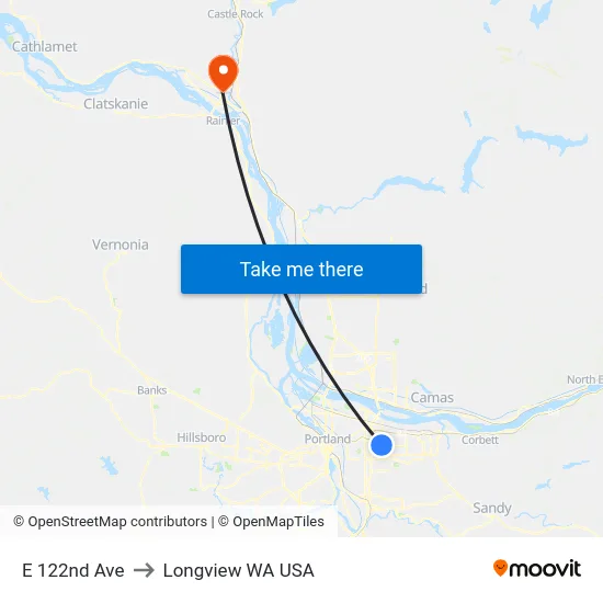 E 122nd Ave to Longview WA USA map
