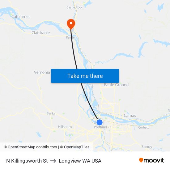 N Killingsworth St to Longview WA USA map