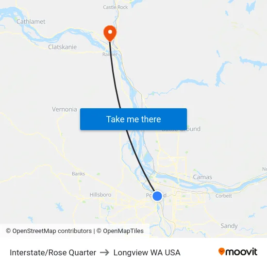 Interstate/Rose Quarter to Longview WA USA map