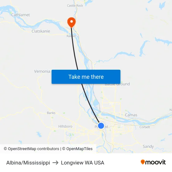 Albina/Mississippi to Longview WA USA map