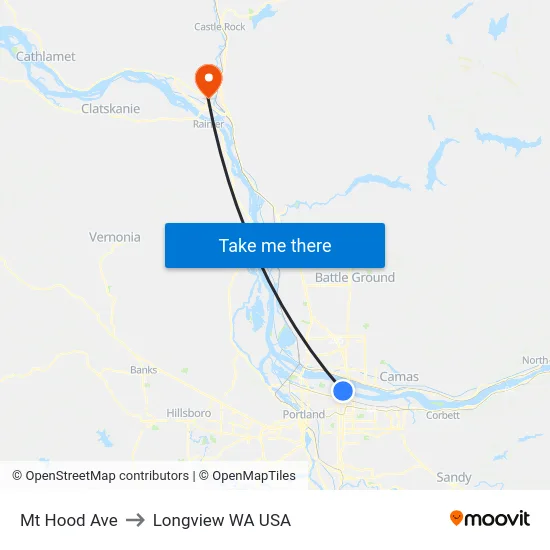 Mt Hood Ave to Longview WA USA map