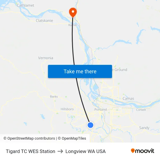 Tigard TC WES Station to Longview WA USA map