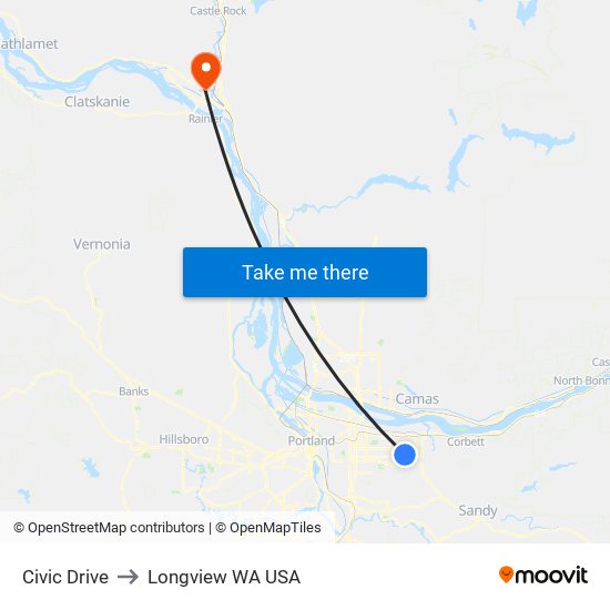 Civic Drive to Longview WA USA map