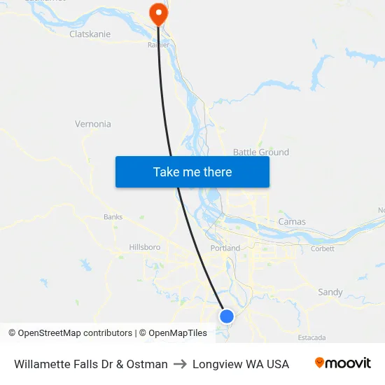 Willamette Falls Dr & Ostman to Longview WA USA map
