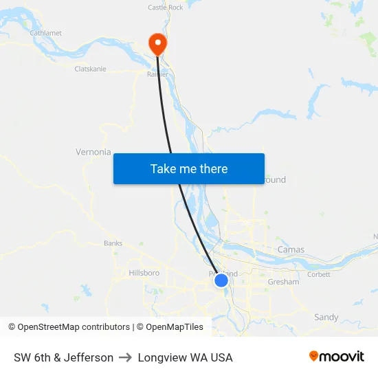 SW 6th & Jefferson to Longview WA USA map