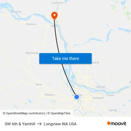 SW 6th & Yamhill to Longview WA USA map